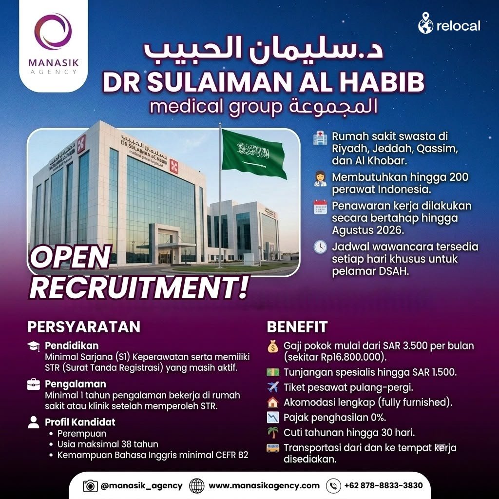 Poster open recruitment perawat Indonesia untuk Dr Sulaiman Al Habib Medical Group Arab Saudi